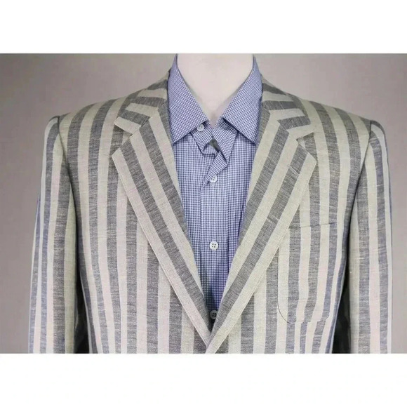 Custom Made Navy/Sky Blue Striped Mila Schon Linen Boating Patch Pkt Blazer 38S - Picture 3 of 8